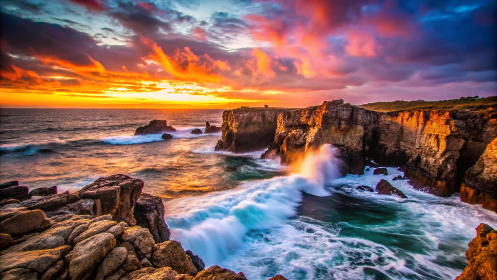 Atardecer dorado sobre el mar Cantábrico con olas rompiendo en los acantilados