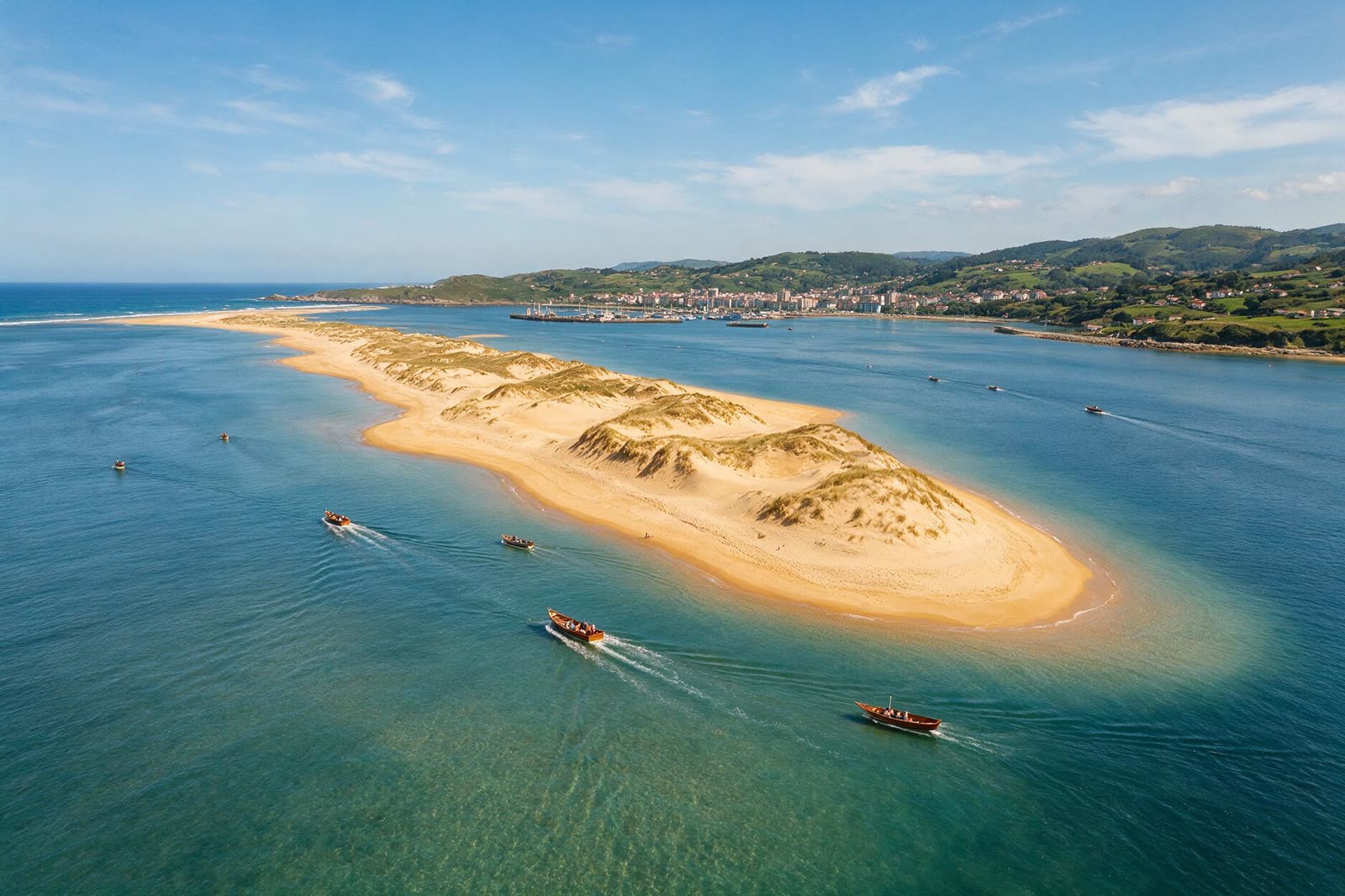 Vista aérea de la barra de arena de la playa del Puntal con lanchas cruzando la bahía de Santander