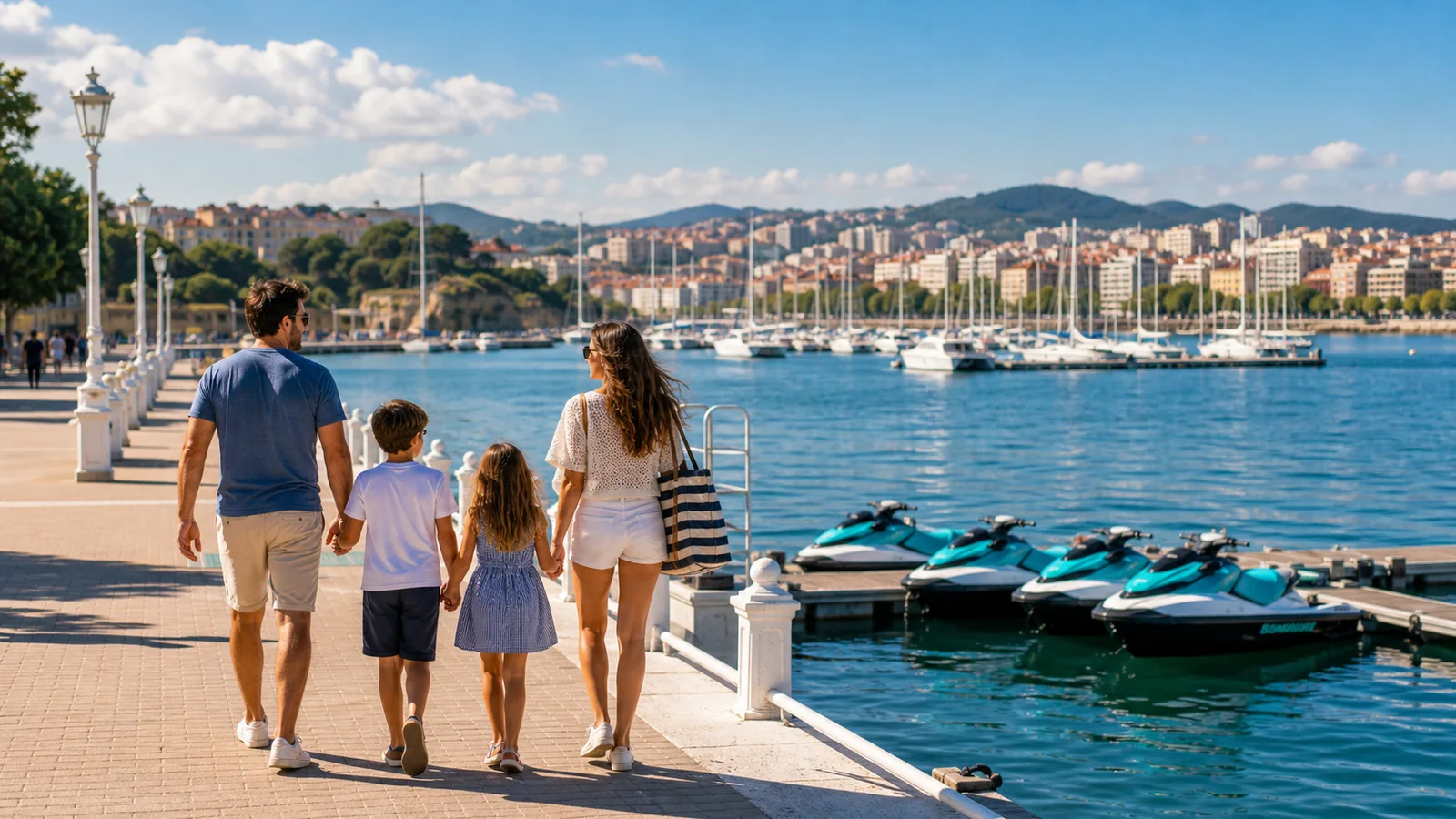 Familia paseando por la bahia de Santander con motos de agua al fondo