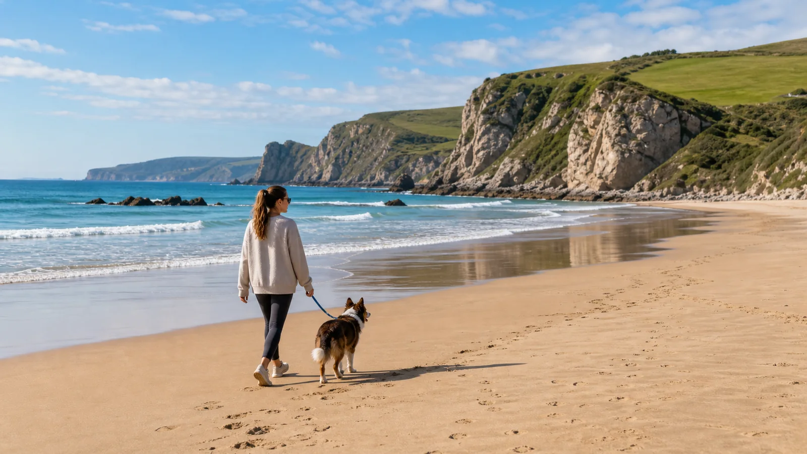 Persona paseando con perro por una playa de Cantabria