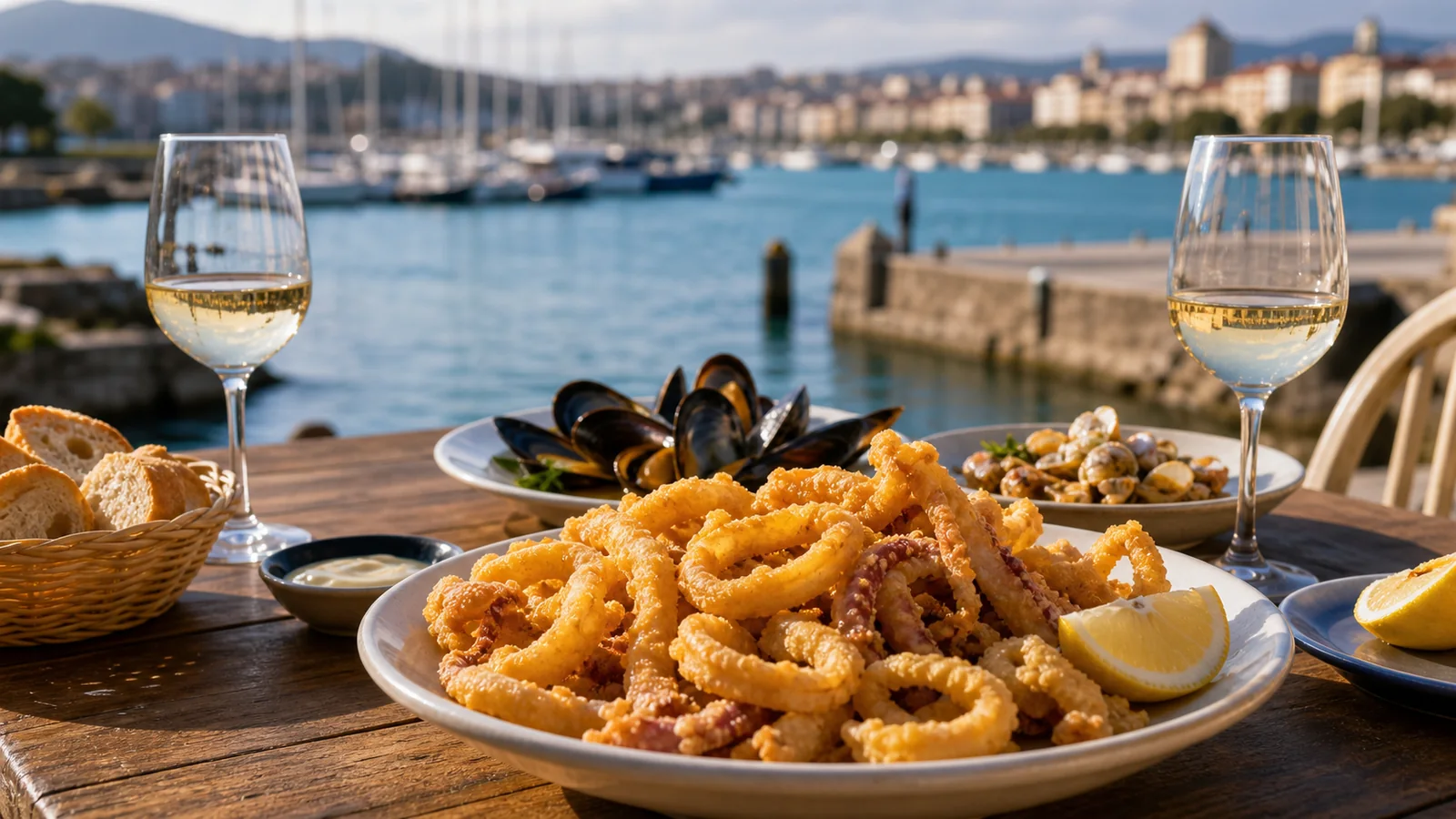 Rabas y marisco en una mesa junto al puerto de Santander
