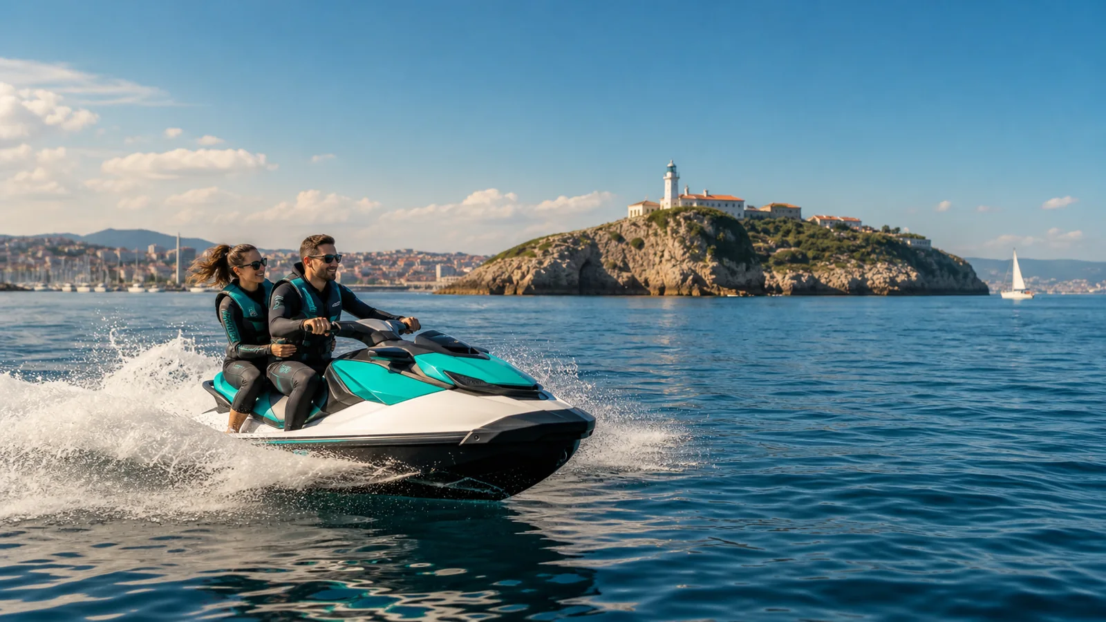 Ruta en moto de agua hacia la Isla de Mouro en la bahia de Santander