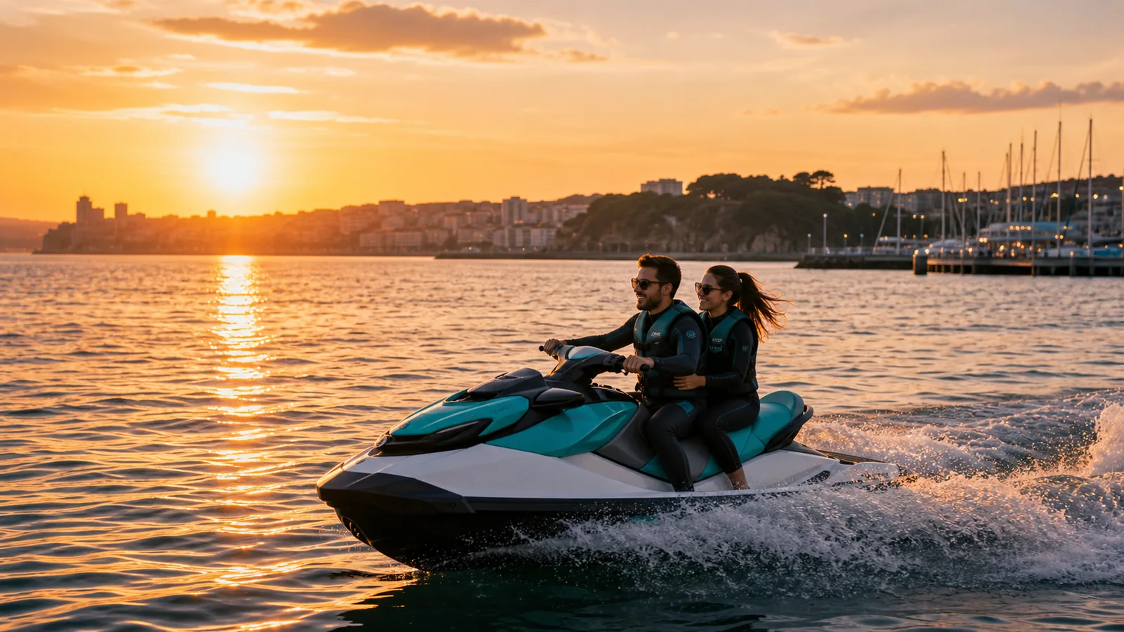 Pareja en moto de agua al atardecer en la bahia de Santander
