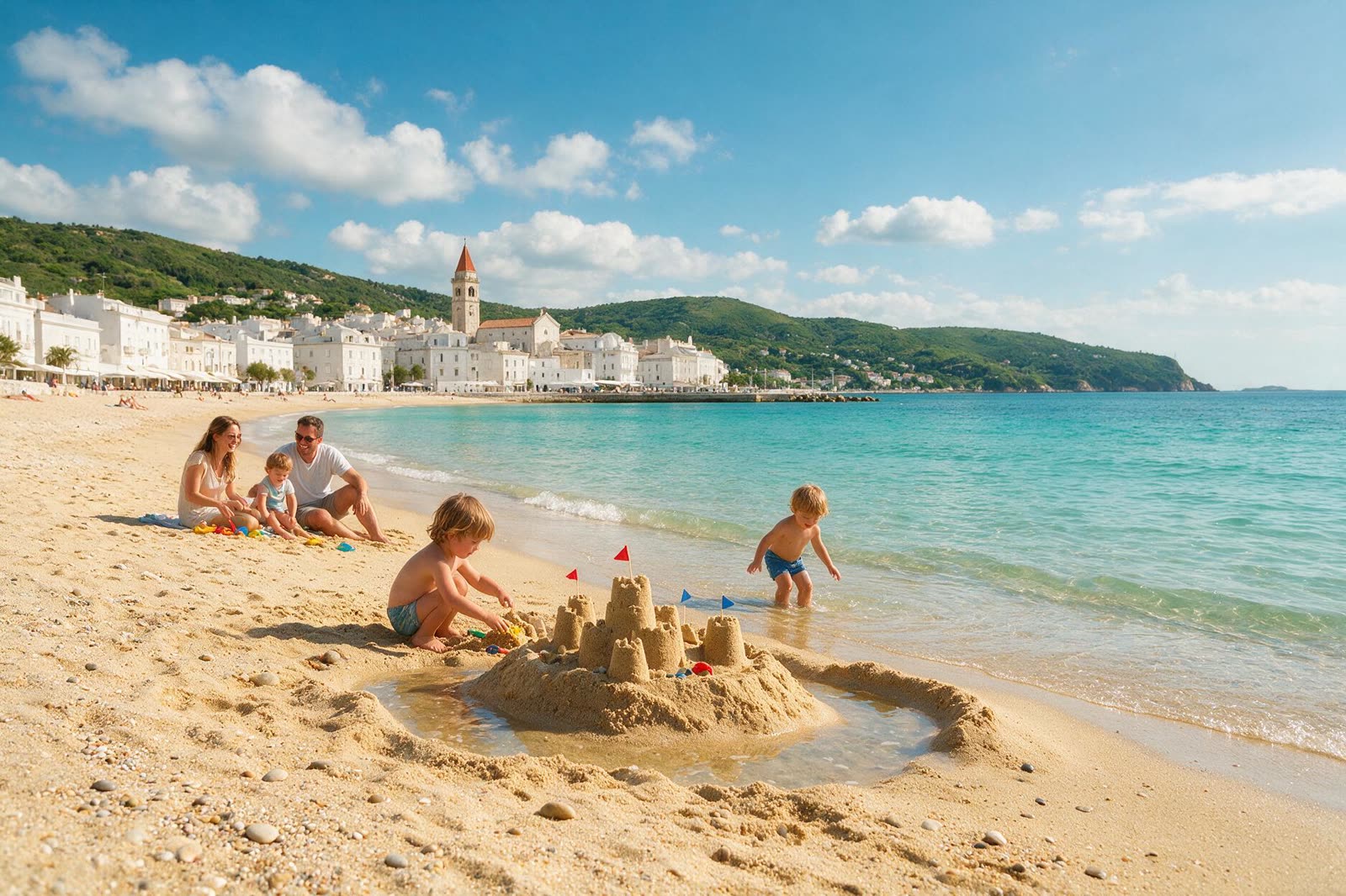 Familia con dos niños disfrutando de un día de playa en la bahía de Santander