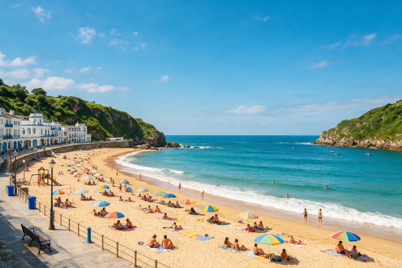 Playa del norte de España llena de gente con sombrillas en un día soleado de agosto